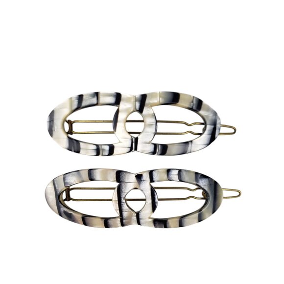Pair Vintage Barrettes Interlocking Oval Ivory Black Pearl Zebra Stripe France - Picture 1 of 8